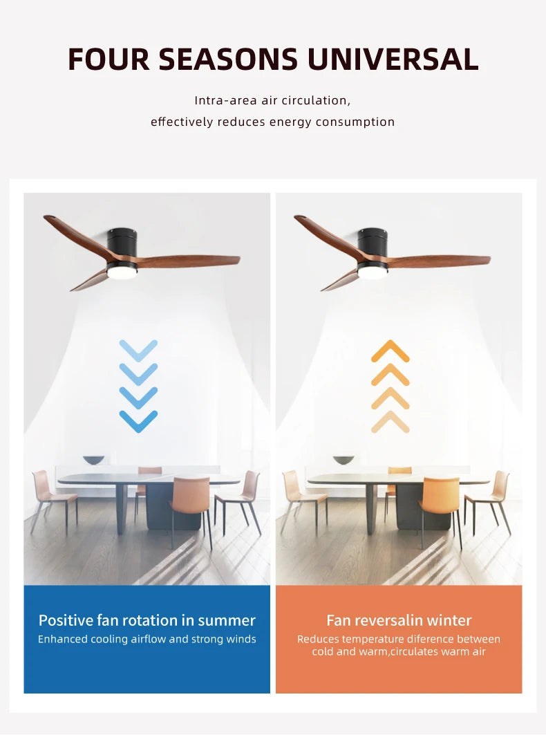 Solid Wood Ceiling Fan – 42/52 Inch LED Light for Living Room Dining