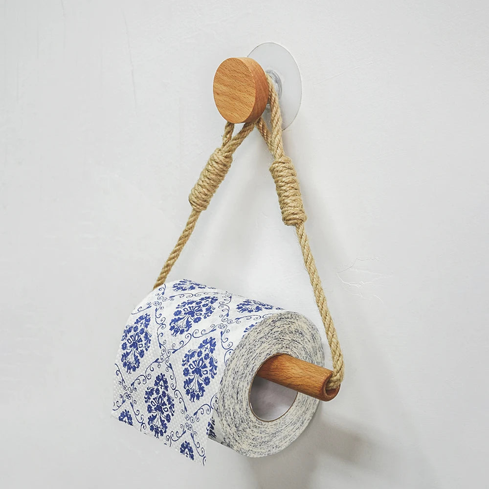 Adhesive Hemp Paper Towel Holder – Wall Mounted Rack for Bathroom Storage