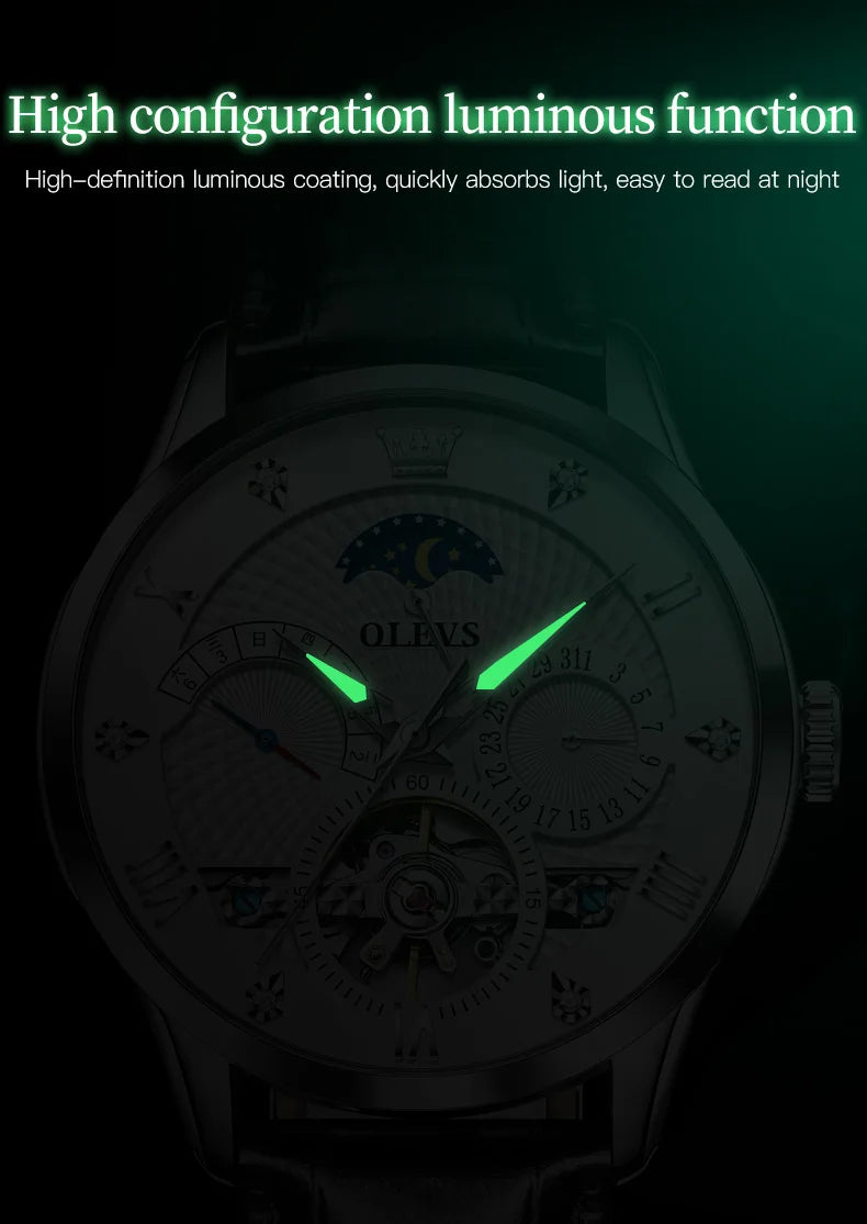 OLEVS Automatic Mechanical Watch – Leather Strap Flywheel for Business Casual