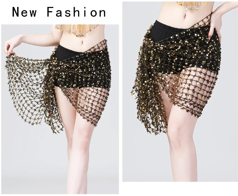 Black mesh fringe belly dance hip scarf with gold sequins, modeled on a person