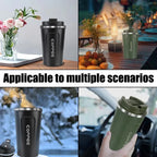 Insulated coffee tumbler in black and green, shown indoors, outdoors, and in a car setting.