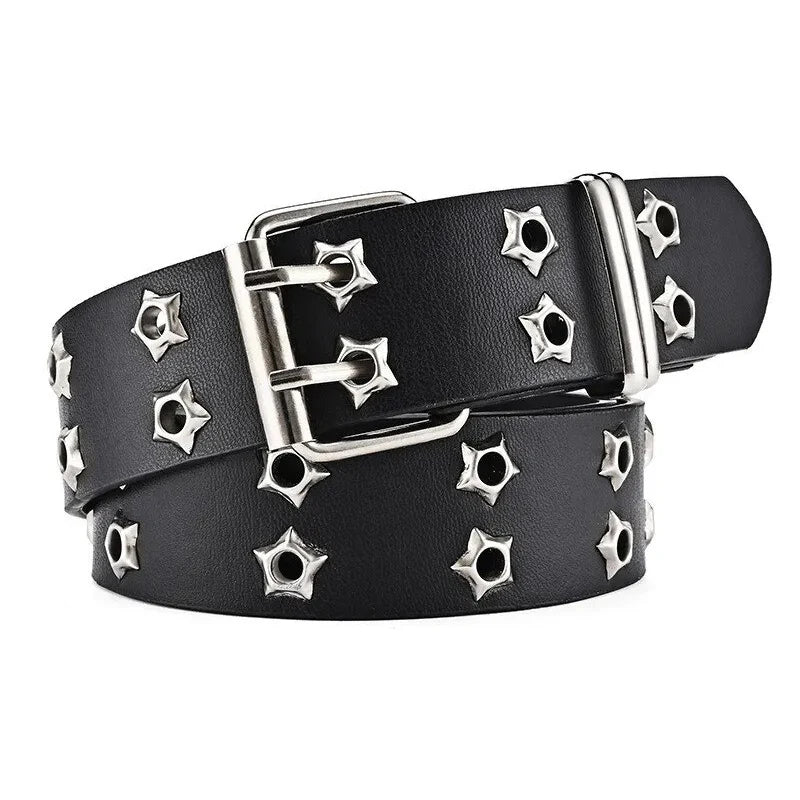 Double Hole Leather Belt – Large Size Y2K Punk Waistband for Men and Women