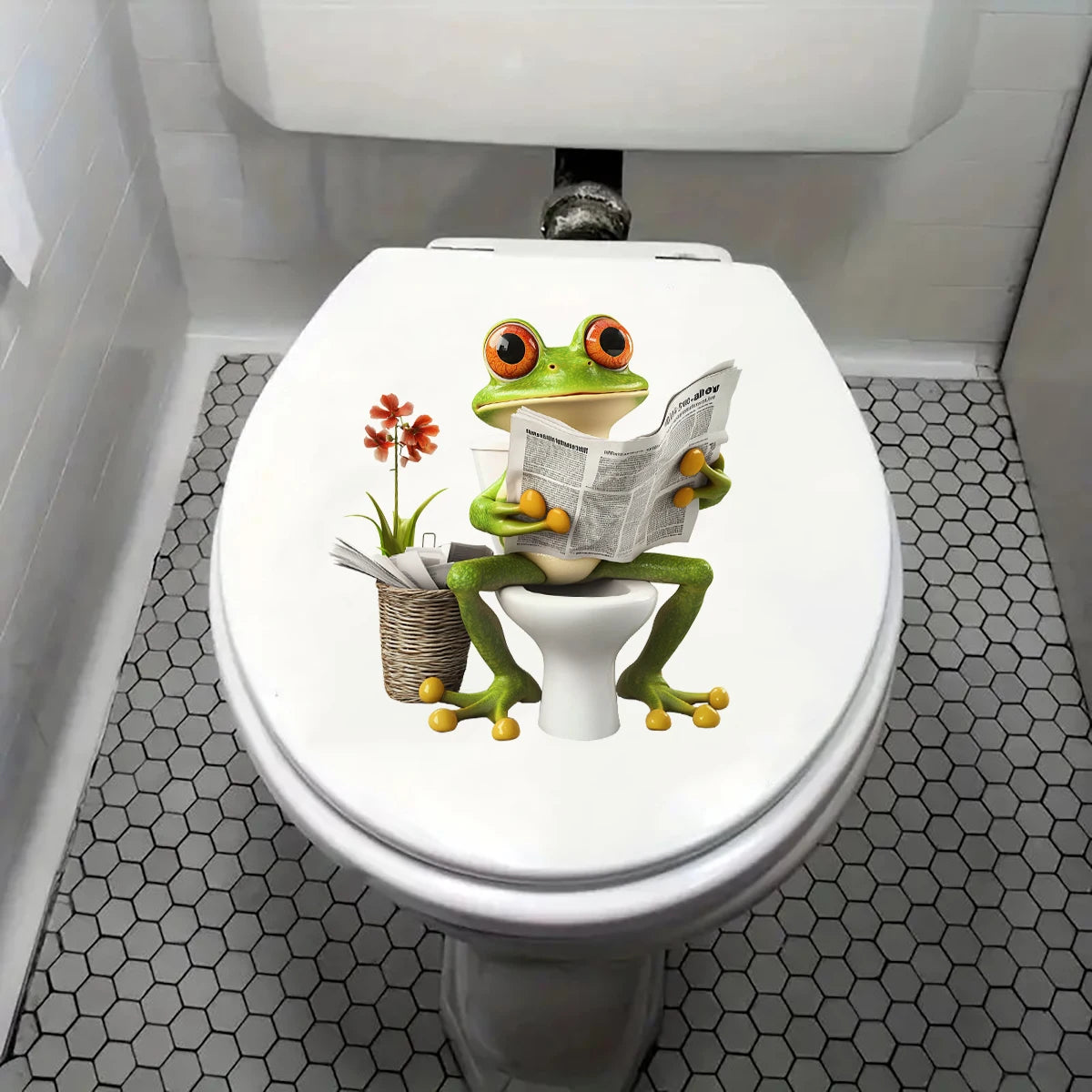 Funny Frog Reading Newspaper Toilet Sticker – Creative Bathroom Wall Decor