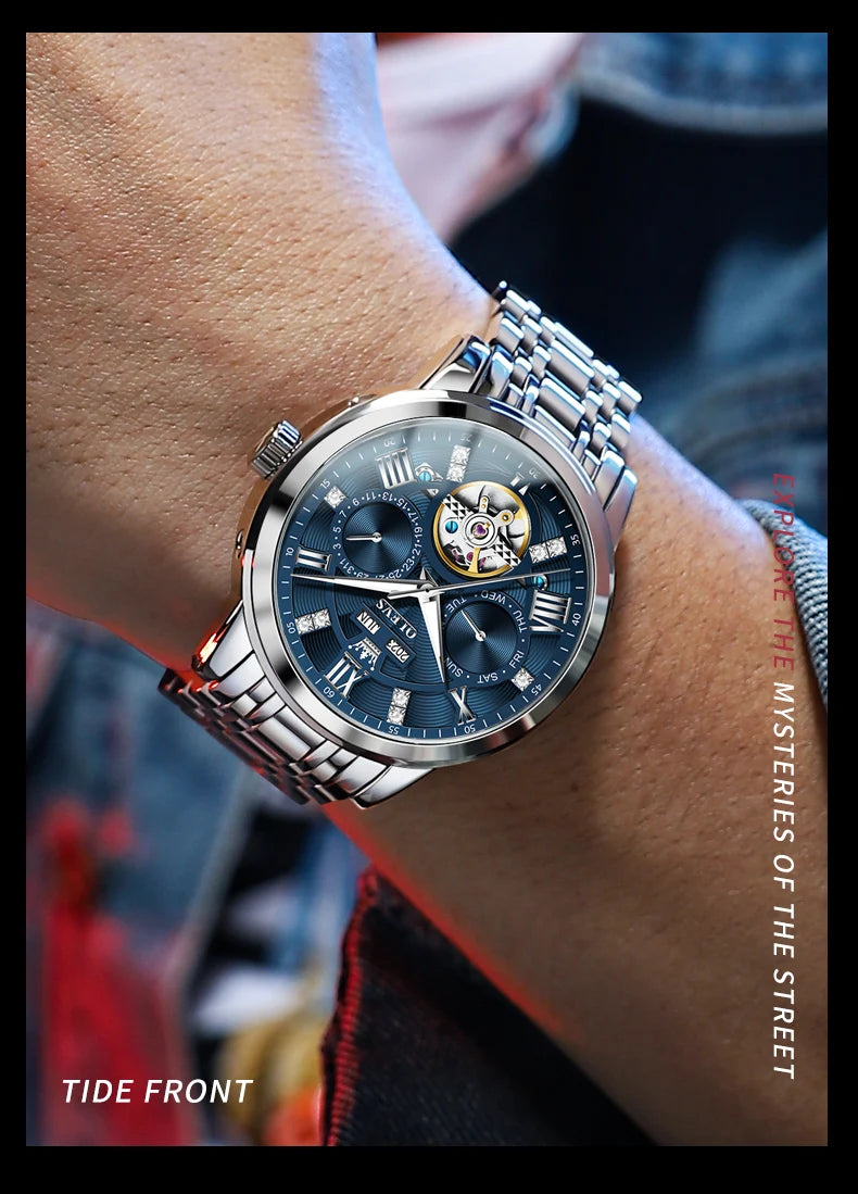 OLEVS Automatic Mechanical Watch – Skeleton Flywheel for Men's Business Wear