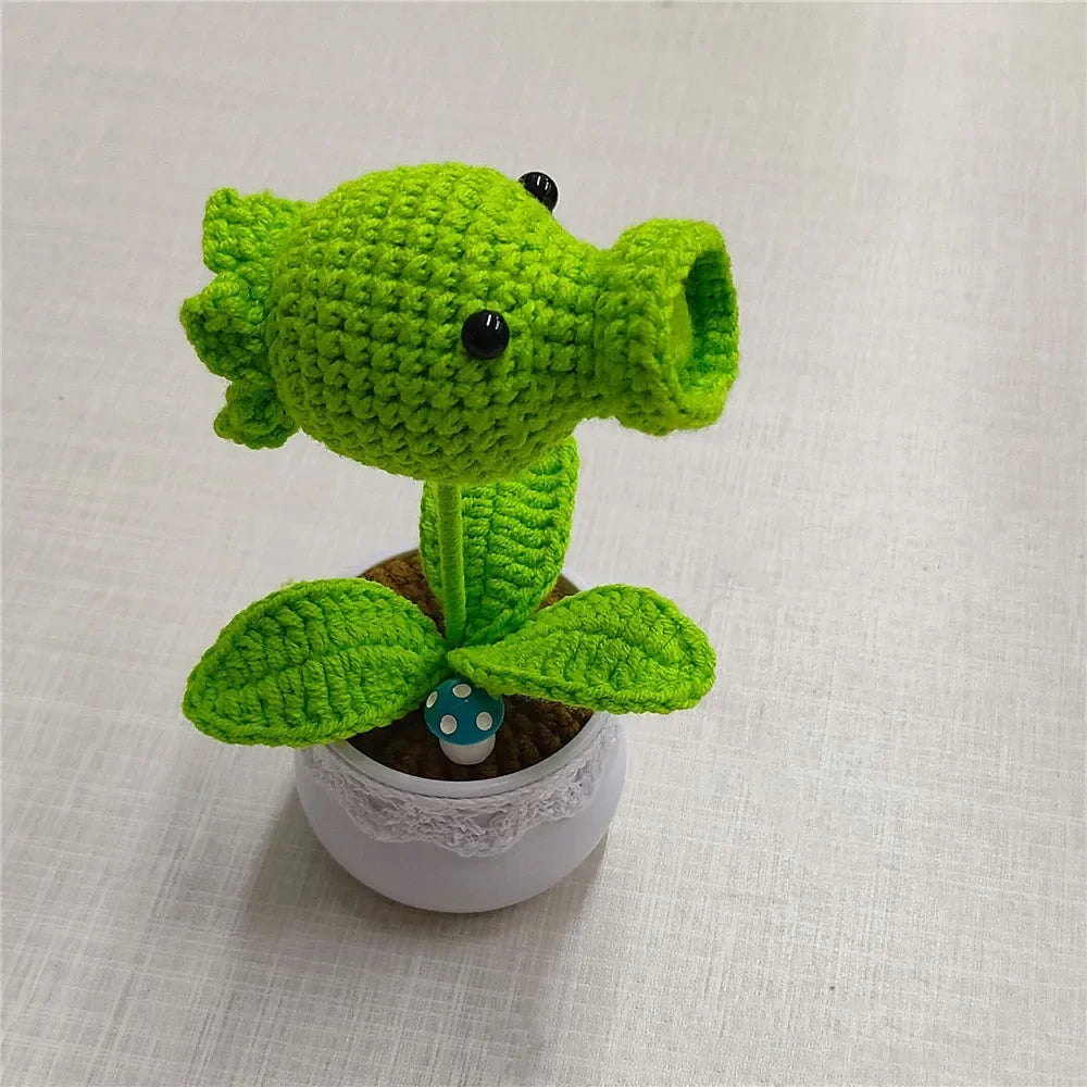Knitted Sunflower and Pea Shooter – Plush Desk Decor for Home Office Gifts
