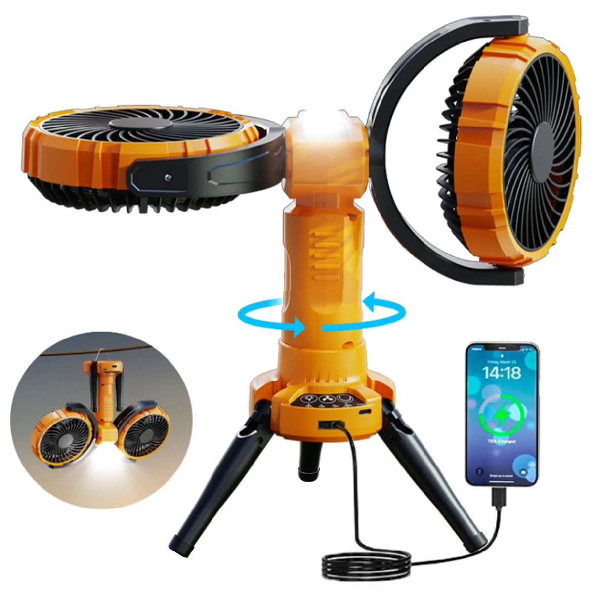 Portable Camping Fan – Dual Head Battery Powered Air Cooler for Outdoor Tents
