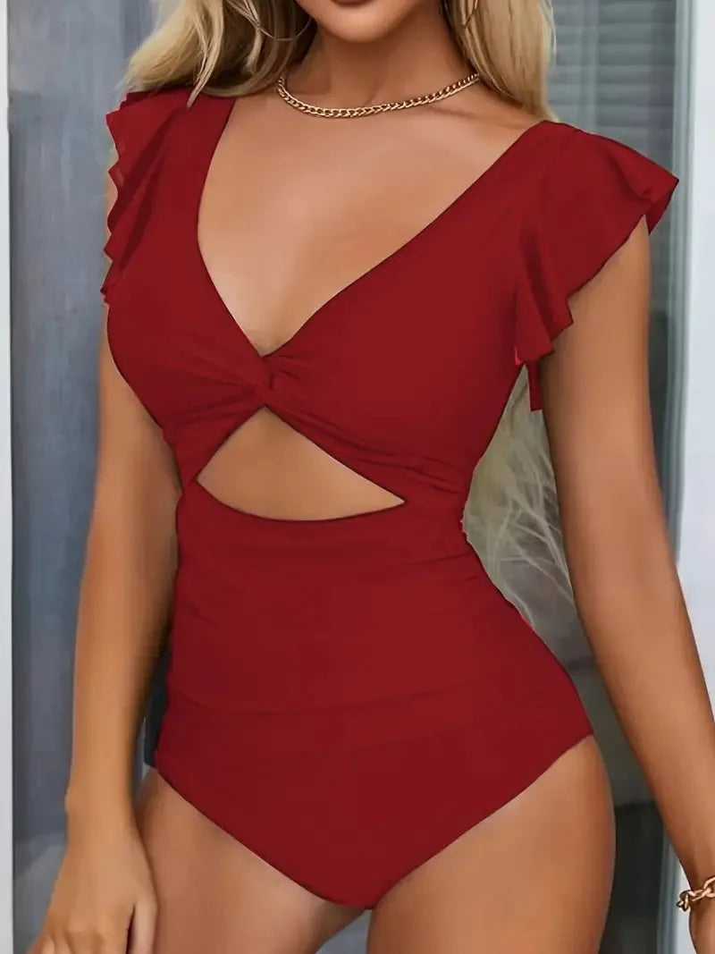 Contrast Mesh One Piece Swimsuit – V Neck Tummy Control for Women Beachwear