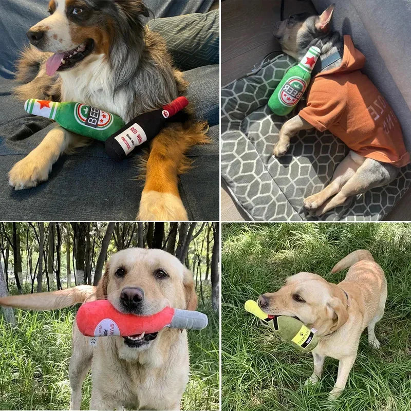Plush Beer Bottle Dog Toy – Squeaky Chew Toy for Interactive Play