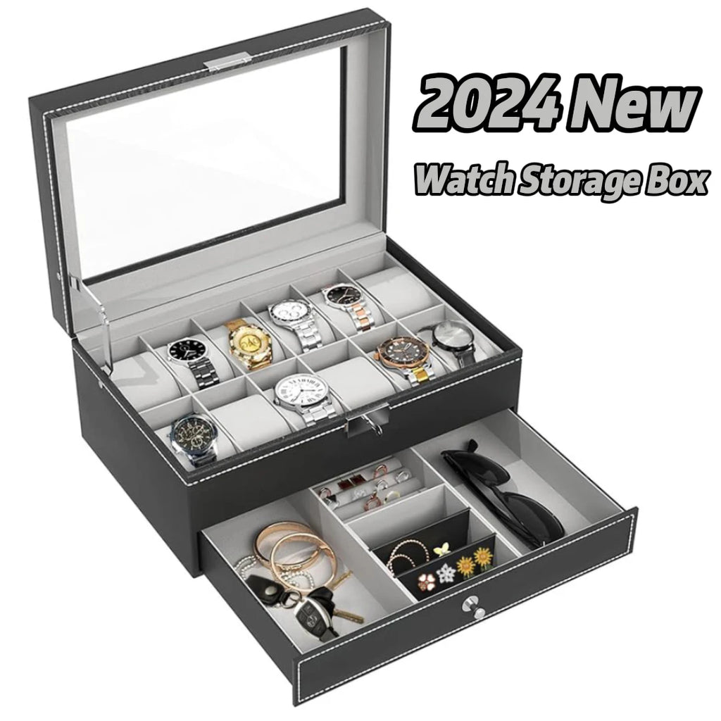 12 Slot Leather Watch Box – Lockable 2-Tier Jewelry Organizer for Display