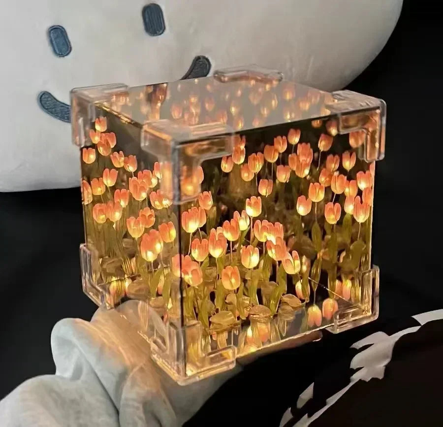 DIY Tulip Flower Sea Cube Night Lamp – Handmade Creative Gift for Girlfriend