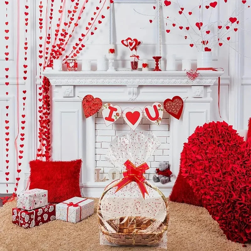 Heart Print Cellophane Gift Bags – Decorative Ribbon Pouches for Wedding Favors