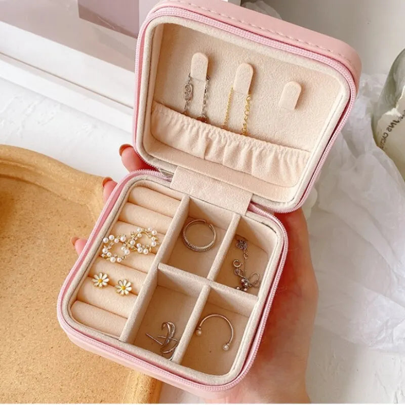 Leather Double Jewelry Box – Zippered Grid Organizer for Travel Storage