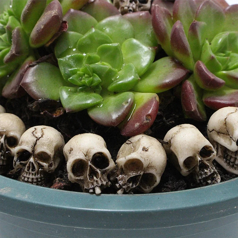 Miniature Skull Head Sculptures – Gothic Resin Decor for Halloween Gardens