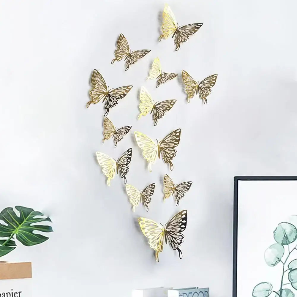 3D Hollow Butterfly Wall Decals – Metallic Gold and Silver Art for Home Decor