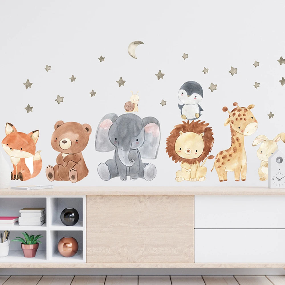 Watercolor Safari Animal Wall Decals – Cute Nursery Decor for Kids Rooms