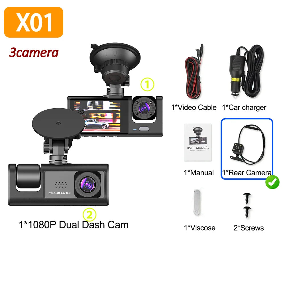 Triple Lens Dash Cam – 1080P Front and Rear Vehicle Recorder for Night Vision
