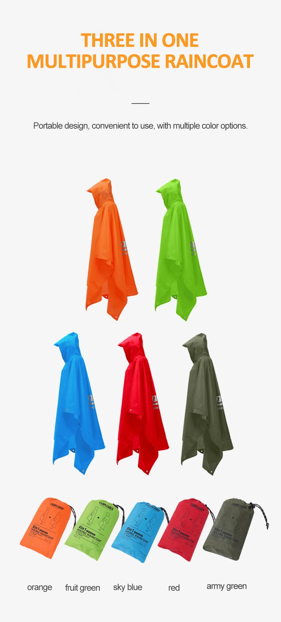 3-in-1 Waterproof Rain Poncho – Hooded Rainwear for Camping and Hiking