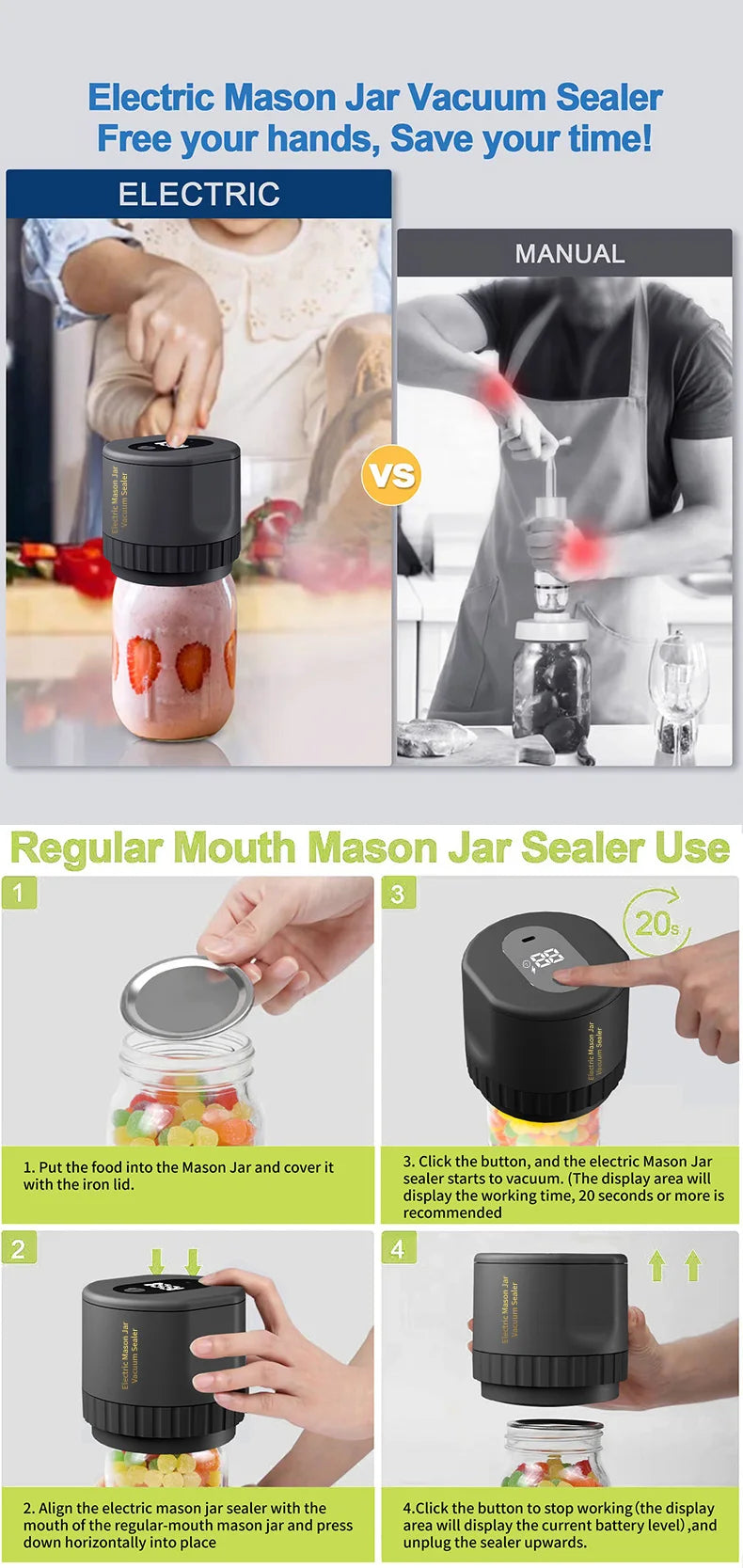 Electric Mason Can Sealer – Portable Vacuum Tool for Kitchen Food Storage
