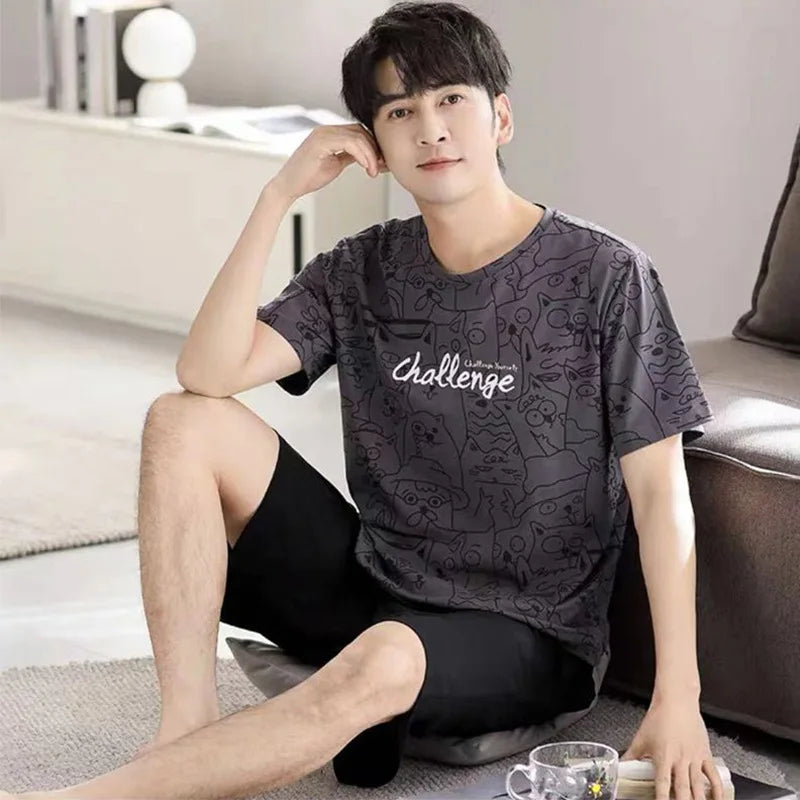 Striped Bear Pajama Set – Breathable Cotton Loungewear for Men
