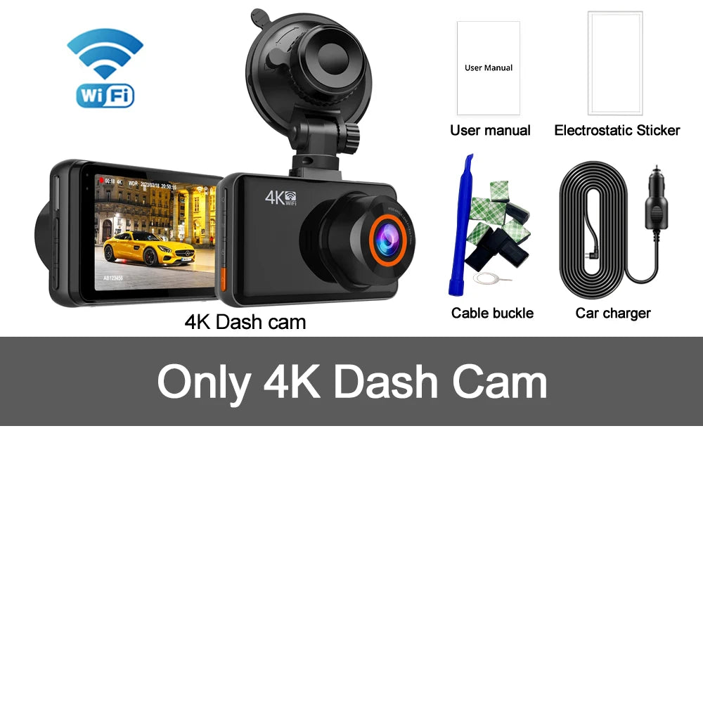 4K Dash Cam – Front and Rear WiFi Video Recorder for Vehicle Parking Safety