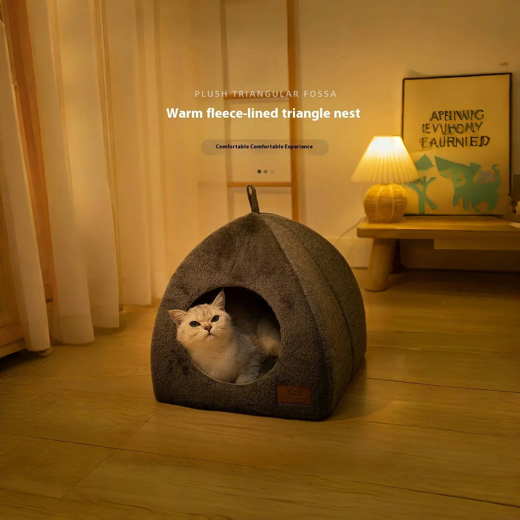 Enclosed Triangle Cat Bed – Warm Plush House for Indoor Winter Sleep