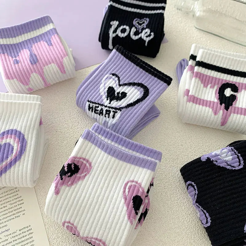 Heart-Shaped Printed Mid Tube Socks – Breathable Cotton for Casual Daily Wear