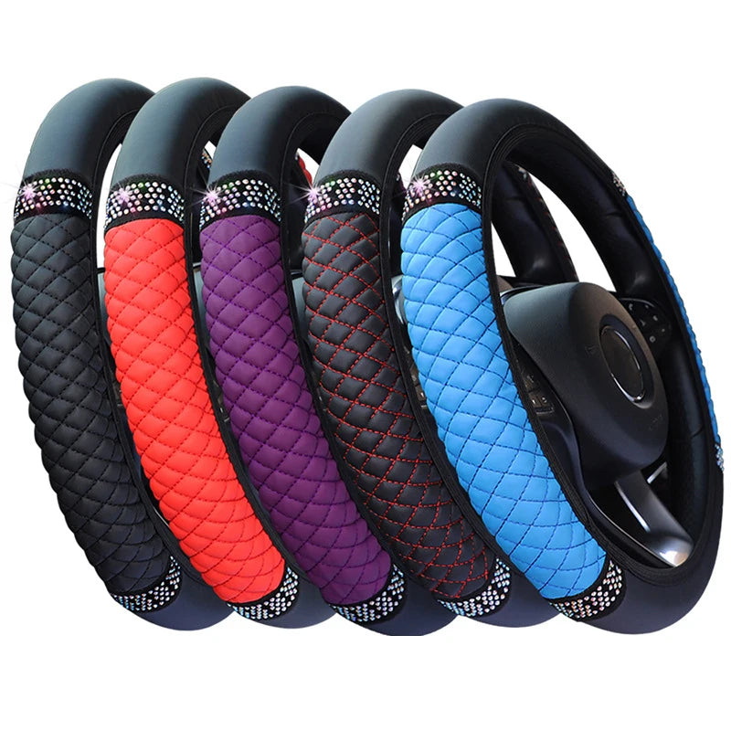 Embroidered Diamond Steering Wheel Cover – Universal Leather for Car Interior
