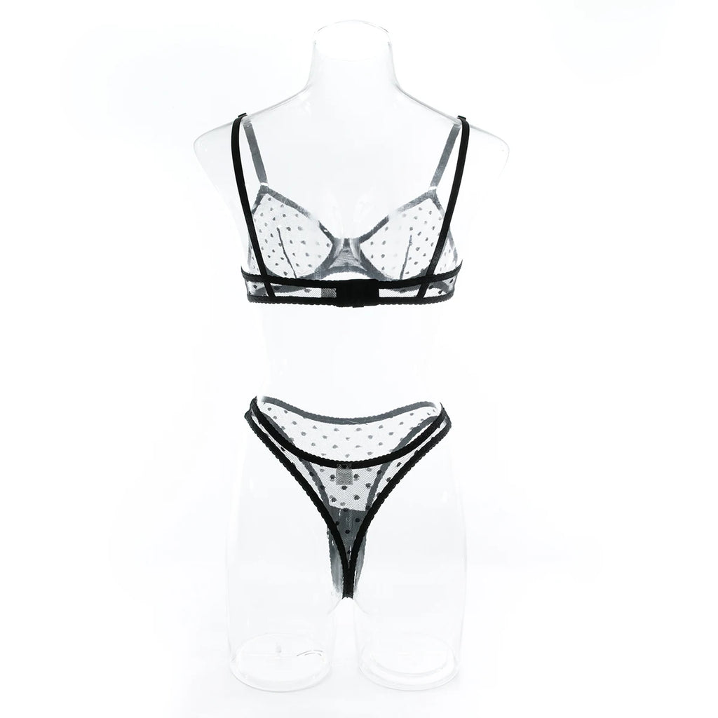 Polka Dot Mesh Lingerie Set – Sheer Underwire Bra and G-String for Women