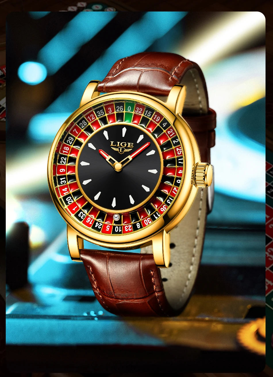 LIGE Roulette Quartz Watch – Luxury Leather Wristwatch for Men Gifts