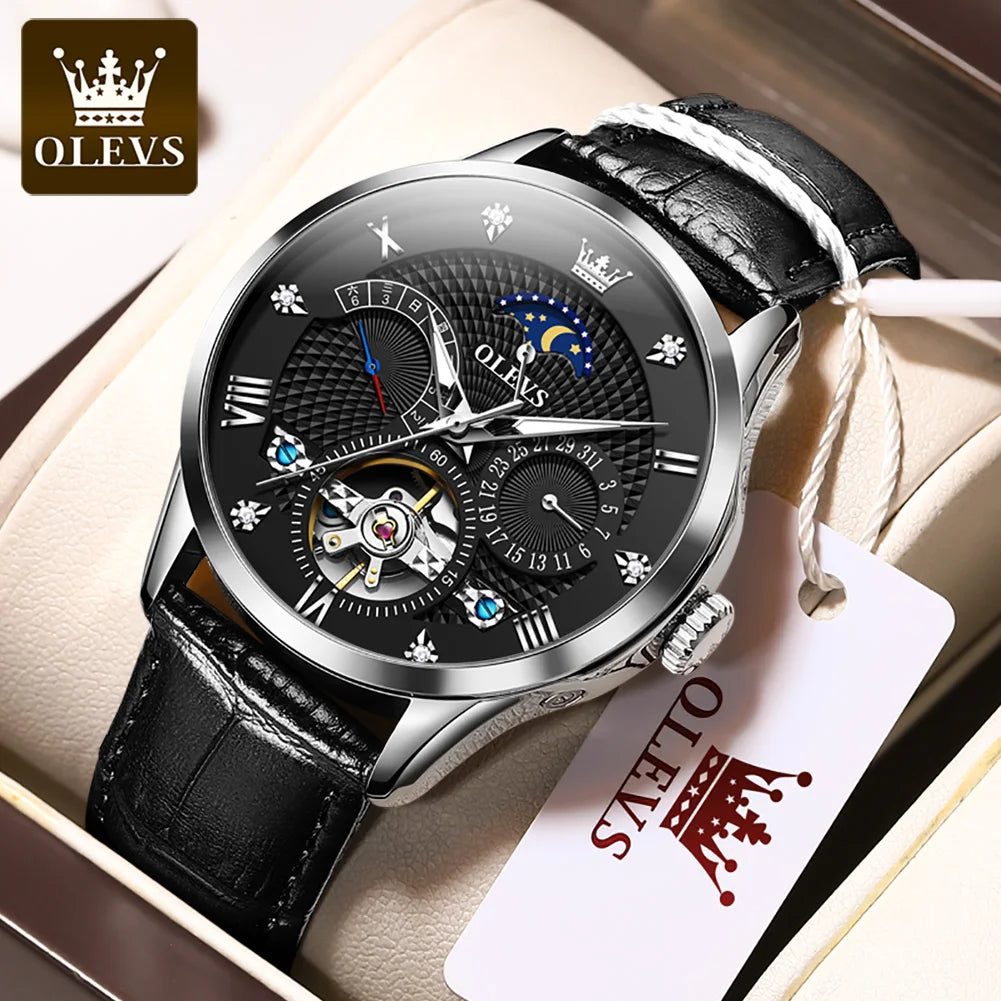OLEVS Automatic Mechanical Watch – Leather Strap Flywheel for Business Casual