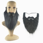 Black fake beard and mustache costume accessory shown on mannequin and separately