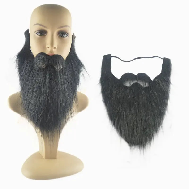 Black fake beard and mustache costume accessory shown on mannequin and separately