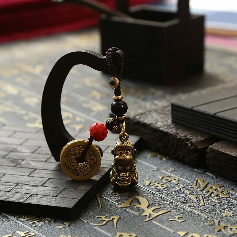 Brass Monkey Key Ring – Feng Shui Lucky Coin Charm for Car Keychain Decor