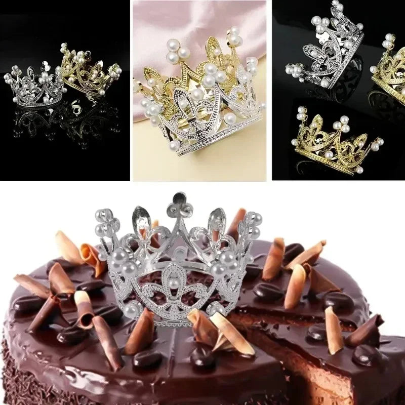 Mini Plastic Crown Topper – Pearl Tiara for Kids Cake and Hair Decoration