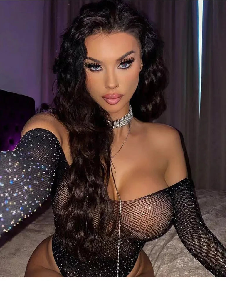 Crystal Diamante Bodysuit – Sexy Hollow Lingerie for Sleepwear