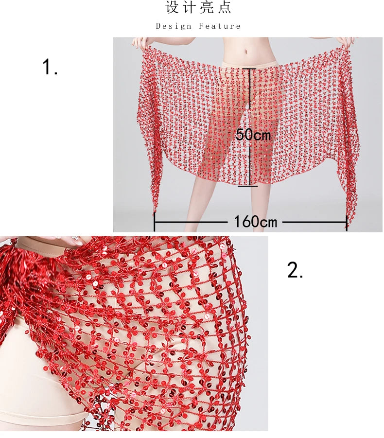 Red beaded mesh sarong wrap, 160x50cm, displayed on model, close-up of sequin detail.