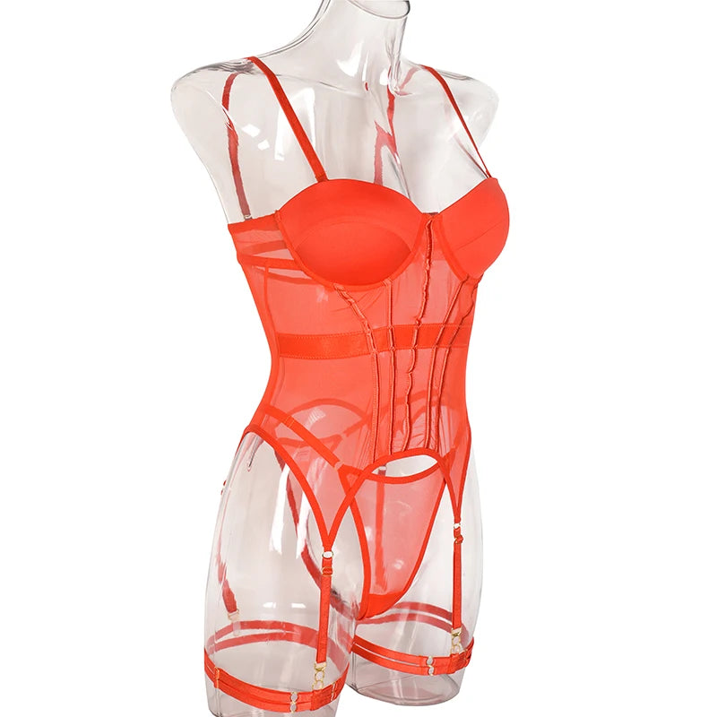Mesh Lingerie Bodysuit Set – Backless Lace 3 Piece Lingerie for Women