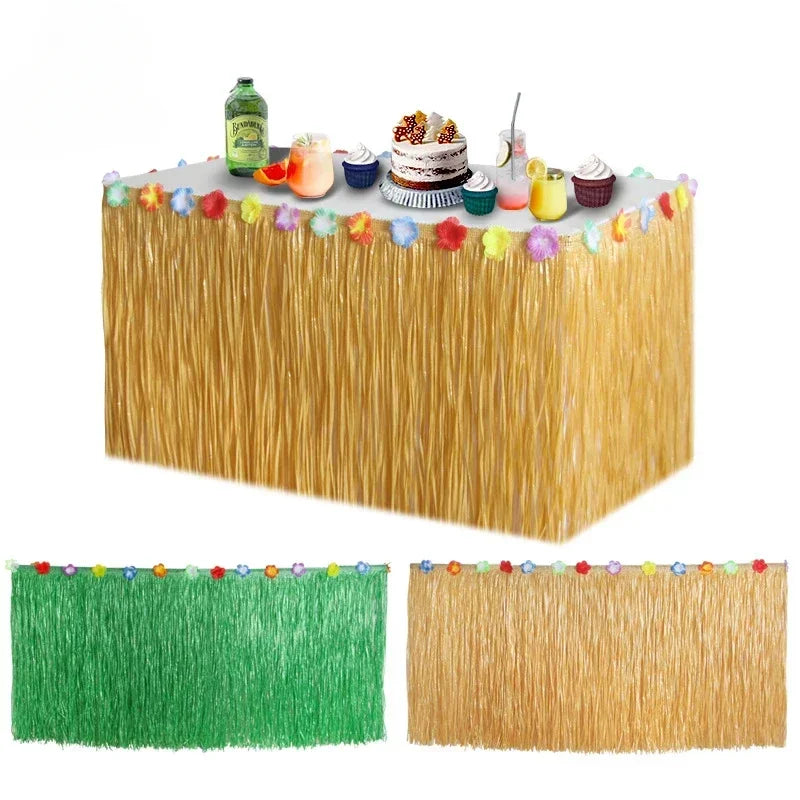 Tropical Hawaiian Table Skirt – Reusable Grass Fringe for Luau Party Decor