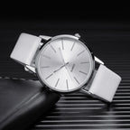 Minimalist Silver Quartz Watch – Elegant Leather Business Accessory for Women