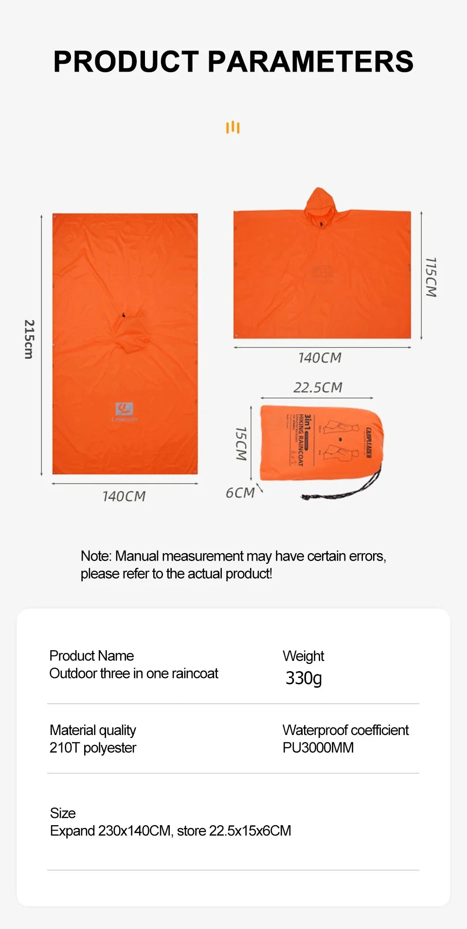 3-in-1 Waterproof Rain Poncho – Hooded Rainwear for Camping and Hiking