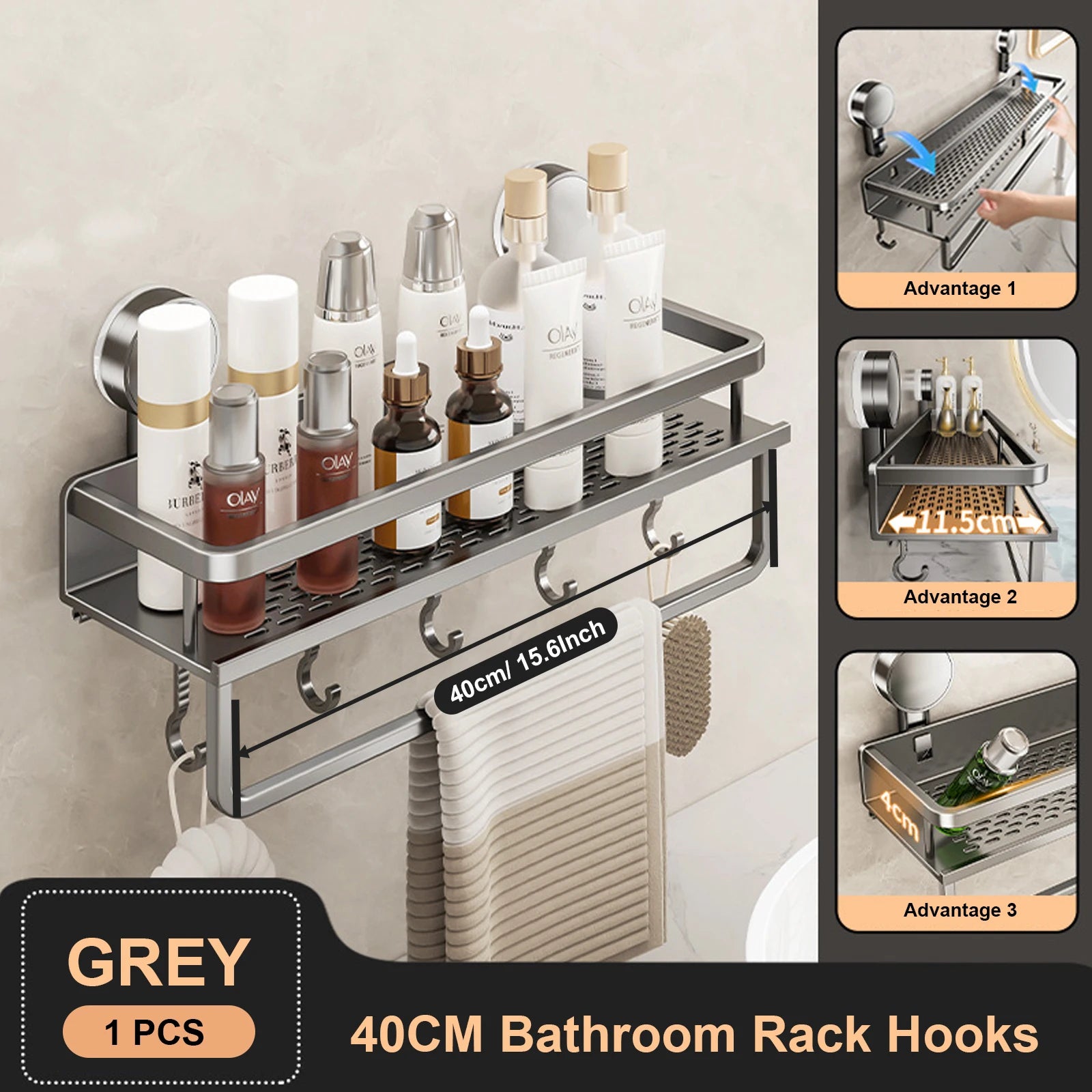 Aluminum Bathroom Shelf – No-Drill Suction Cup Organizer for Toilet Wall