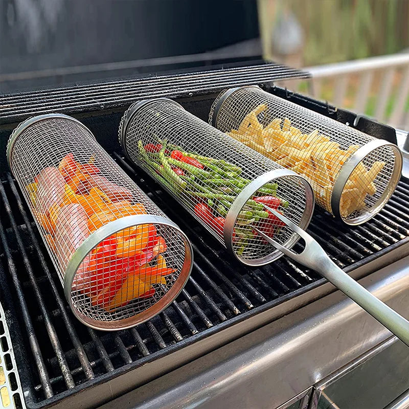 Stainless Steel Rolling Grill Basket – Cylindrical Mesh Rack for BBQ Camping