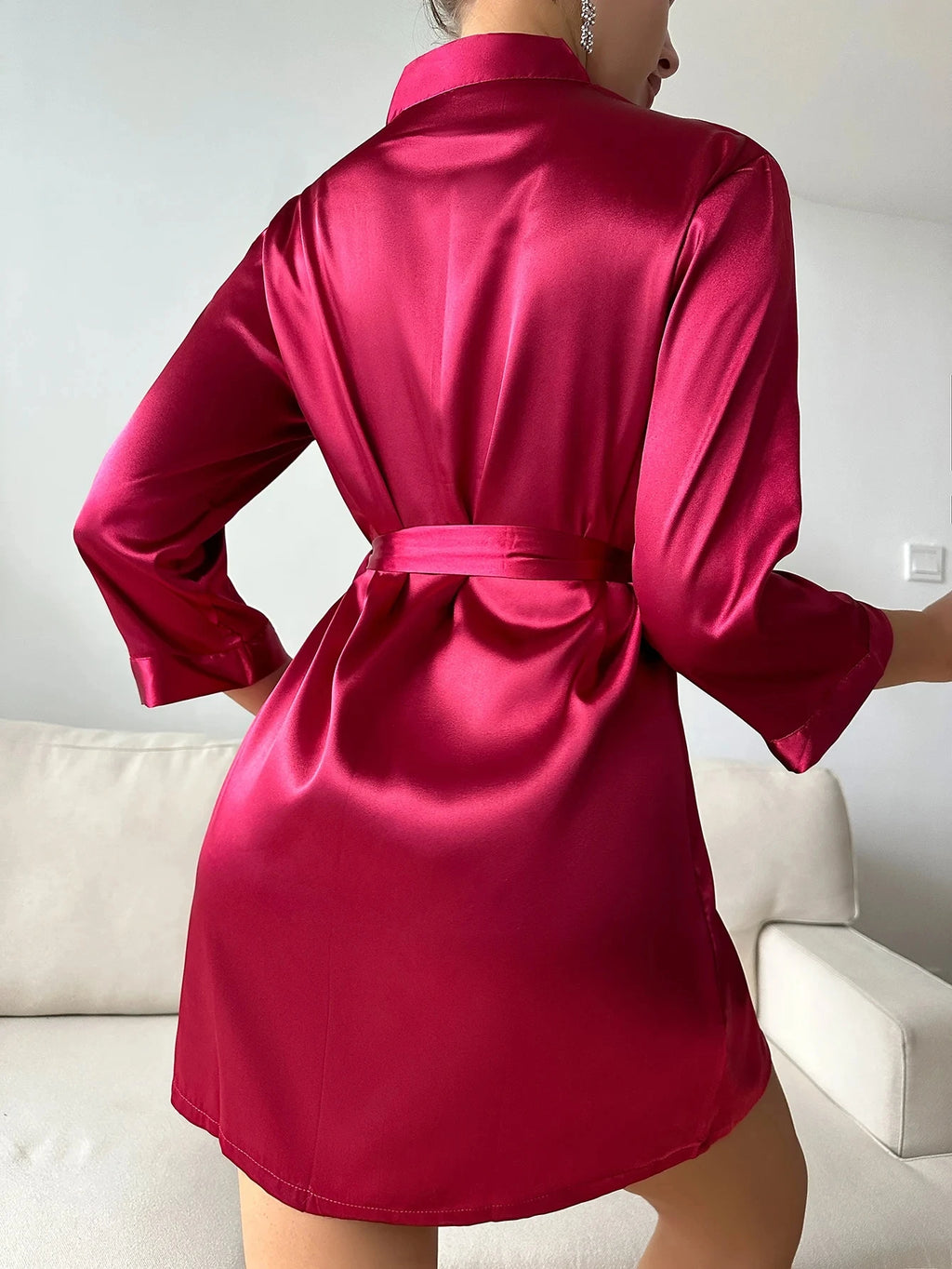 Satin Long Sleeve V-Neck Robe – Women's Silk-Feel Sleepwear Loungewear