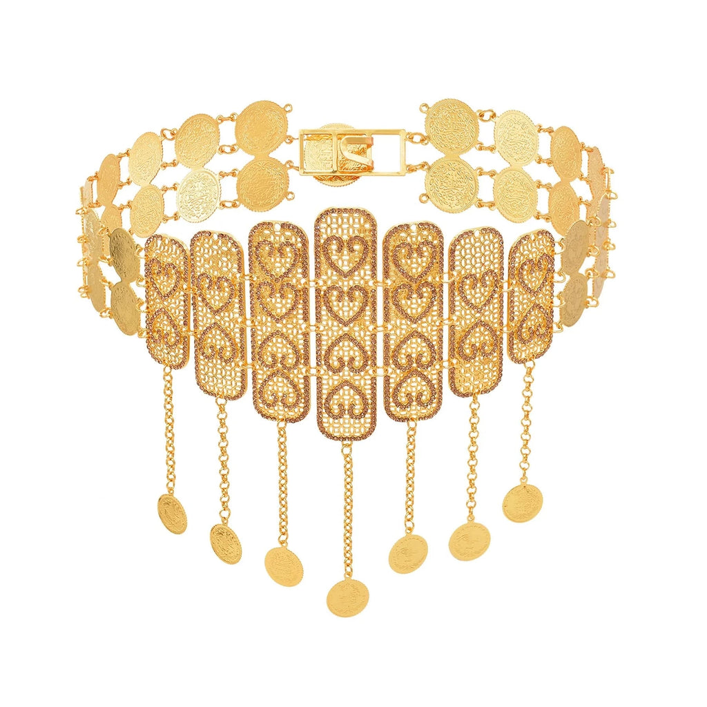 Gold-tone filigree belt with heart designs, coin accents, and dangling chains