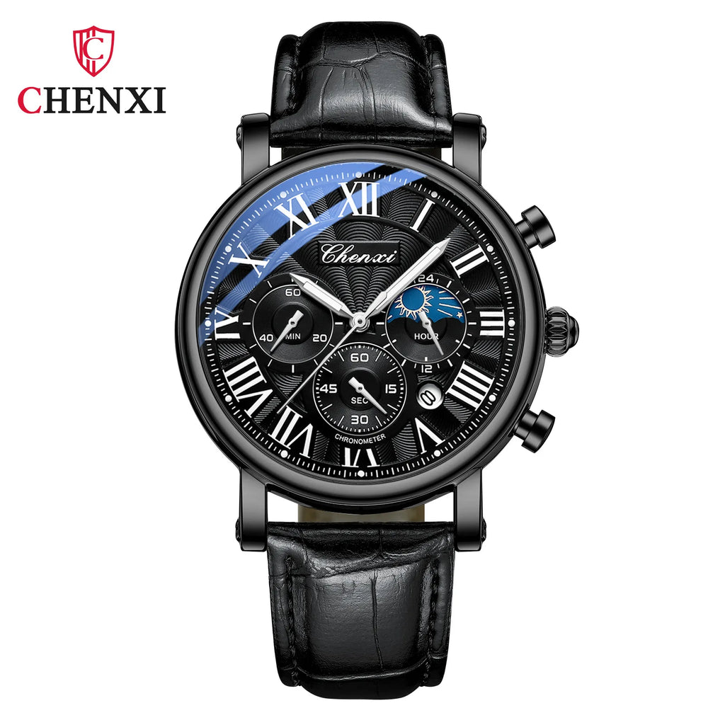Leather Quartz Chronograph Watch – Men's Moon Phase Business Wristwatch