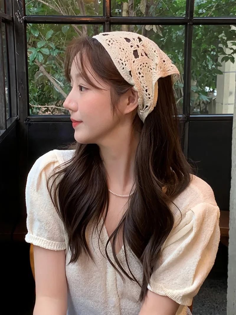 Knitted Lace Flower Hair Scarf – Boho Triangle Headband for Women Hair Styling