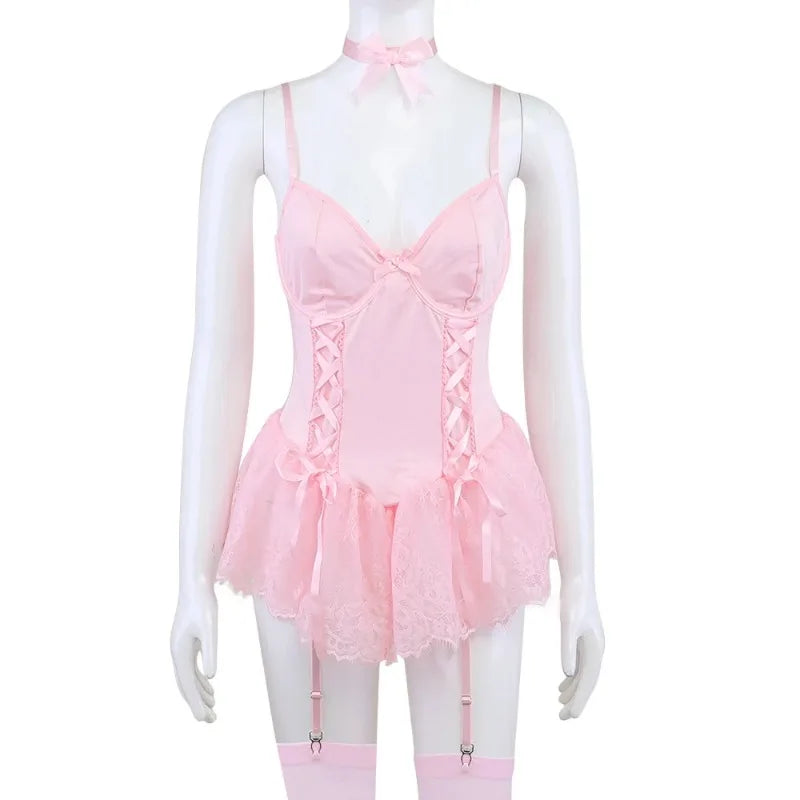 Pink Lace Corset Lingerie – Patchwork Garter Set for Cosplay Costume