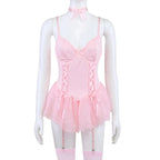 Pink Lace Corset Lingerie – Patchwork Garter Set for Cosplay Costume