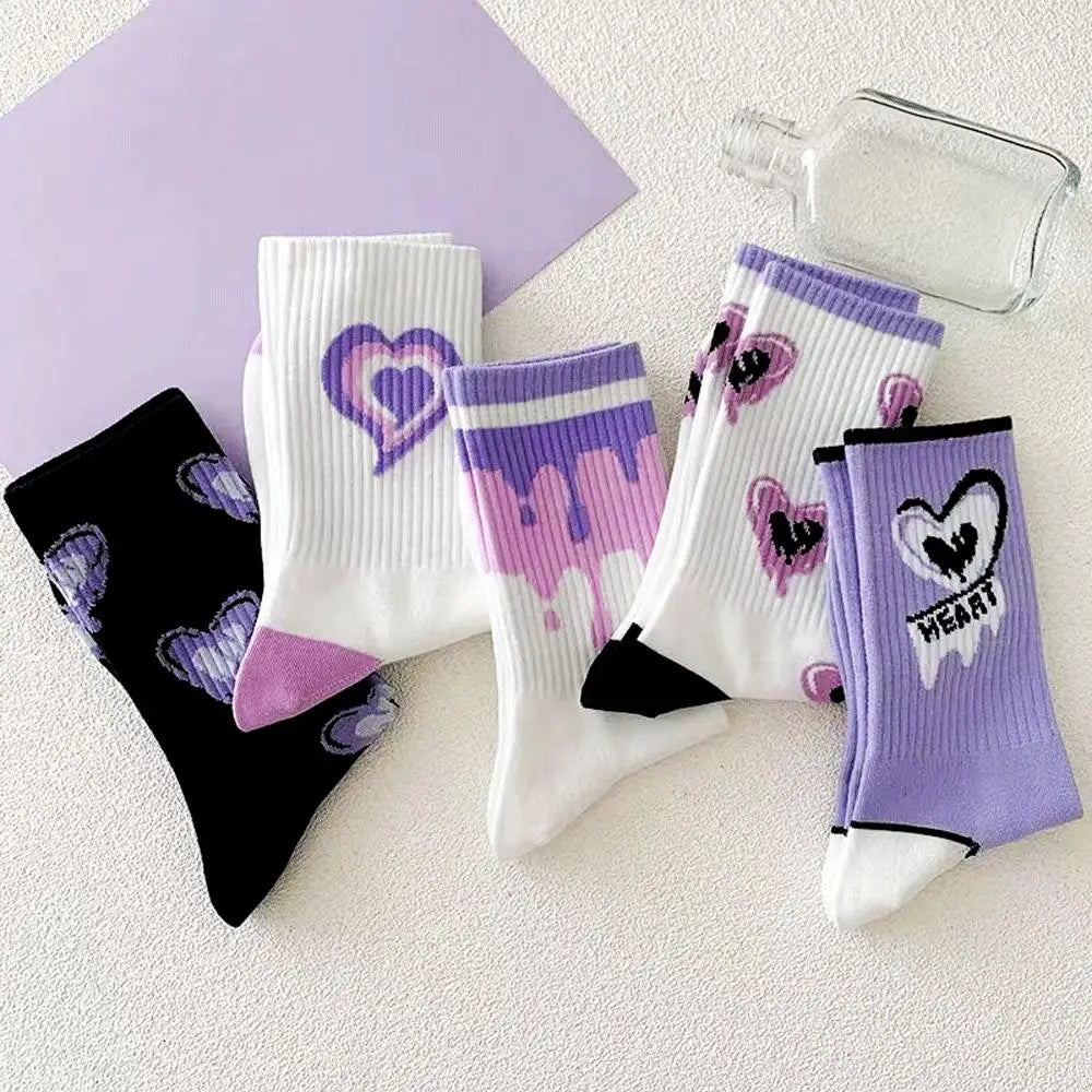 Cotton Heart Print Crew Socks – Kawaii Korean Style for Women