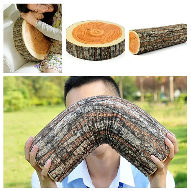 Stump Shaped Decorative Pillow – Soft Wood Grain Cushion for Home and Car Decor